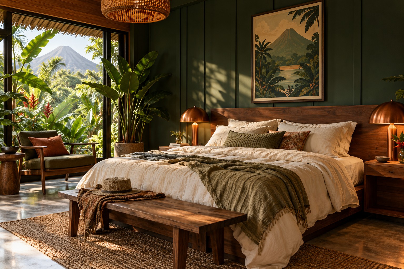 Conceptual room design with green walls, warm wood and tropical light